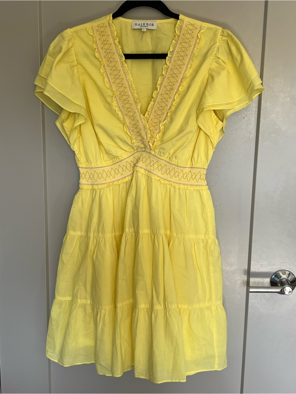 Hale Bob Bright Yellow V-Neck Tiered Cotton Midi Dress
